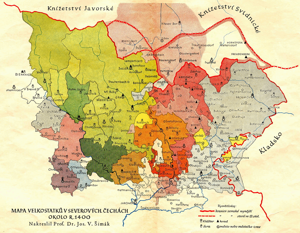 Mapa velkostatků v severovýchodních Čechách okolo r. 1400